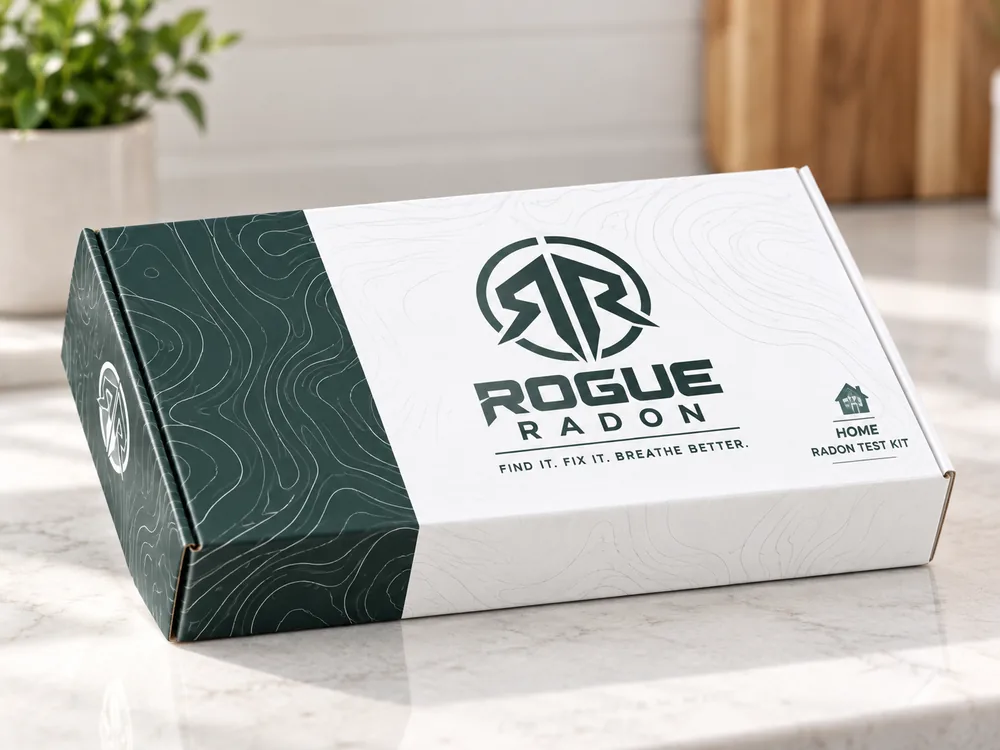 Rogue Radon home radon test kit box with the tagline Find it. Fix it. Breathe better.
